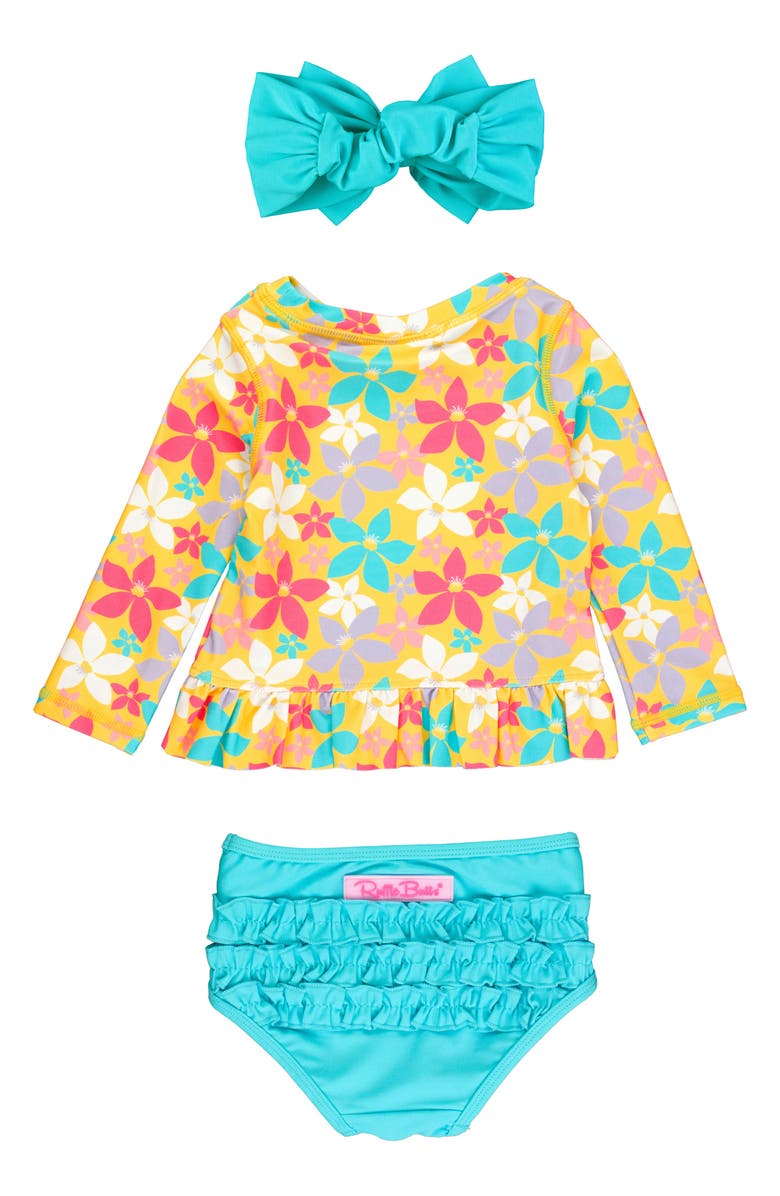 RuffleButts Endless Summer Two-Piece Rashguard Swimsuit & Headband Set, Alternate, color, Yellow