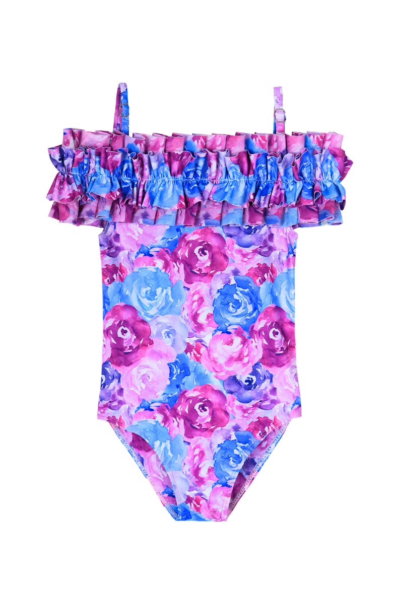 Kids' Watercolor Blooms One Piece Swimsuit, Main, color, Purple
