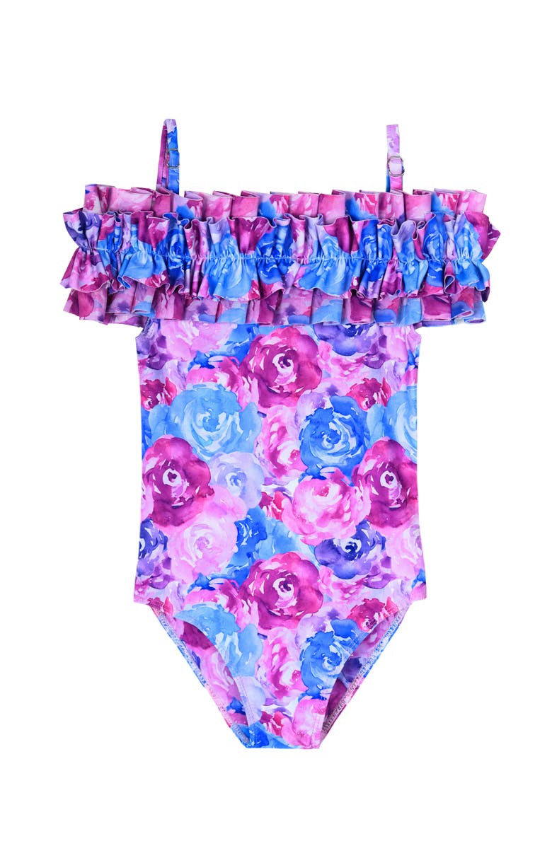 Mia Belle Girls Kids' Watercolor Blooms One Piece Swimsuit, Main, color,