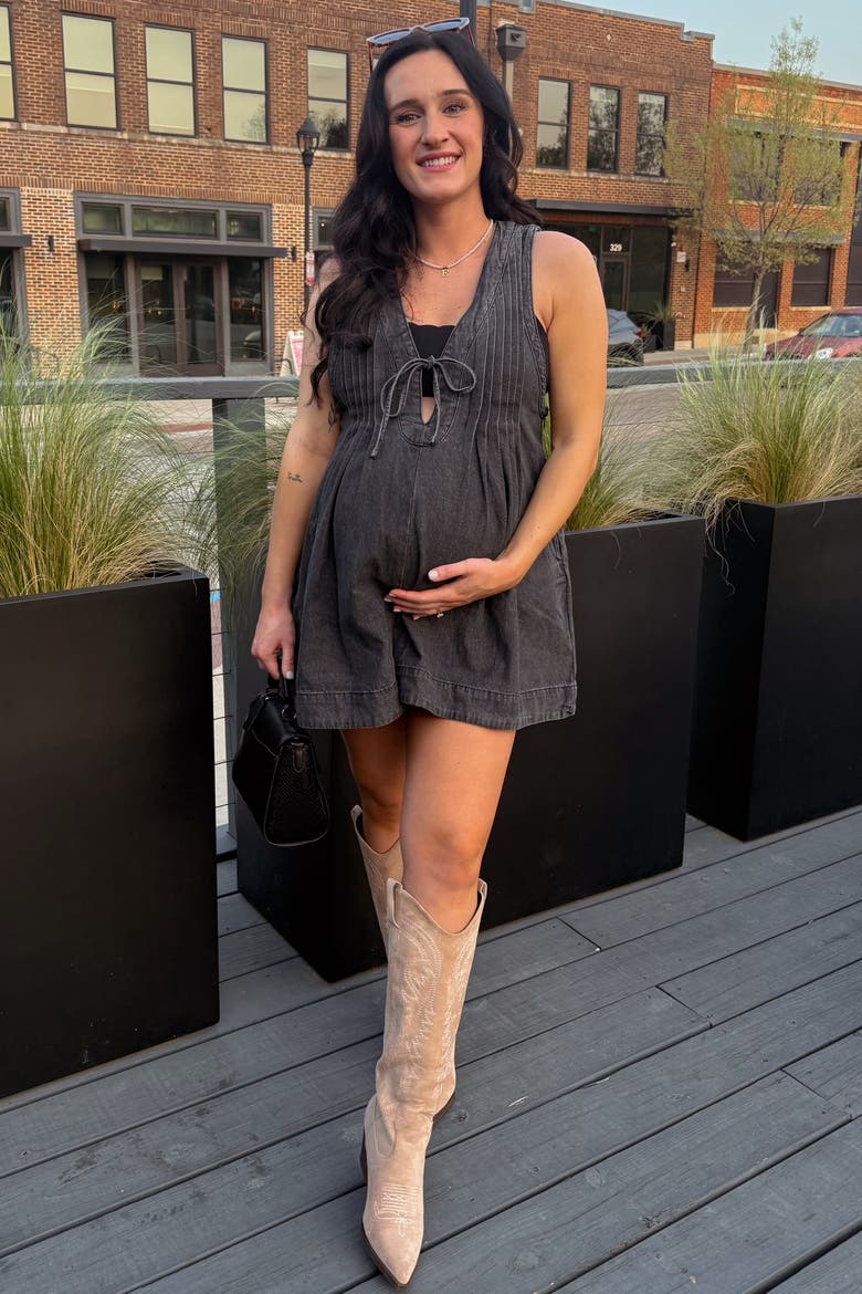 Deep V-Neck Pleated Front Tie Sleeveless Romper, Alternate, color, Charcoal Grey