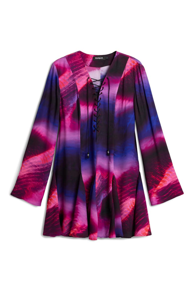 Print Lace Up Long Sleeve Minidress, Alternate, color, PURPLE