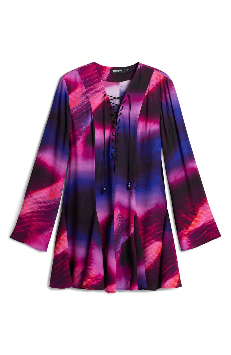 Desigual Print Lace Up Long Sleeve Minidress, Alternate, color, Purple