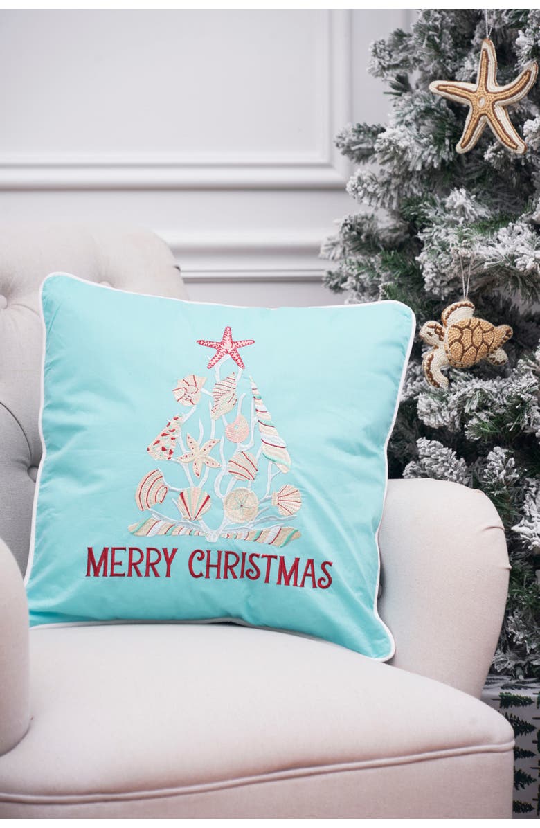 C&F Home Merry Christmas Seashells Aqua Pillow, Alternate, color, Blue