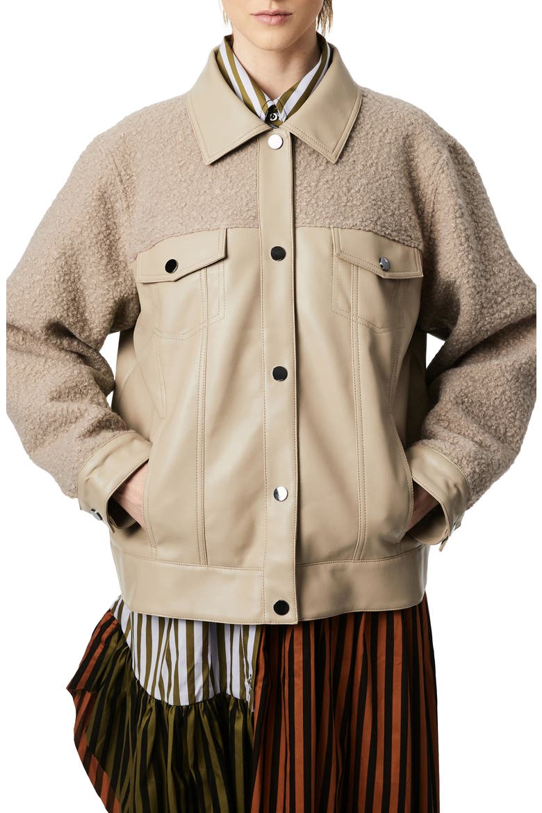 Faux Leather & Faux Shearling Trucker Jacket, Main, color, ALPACA