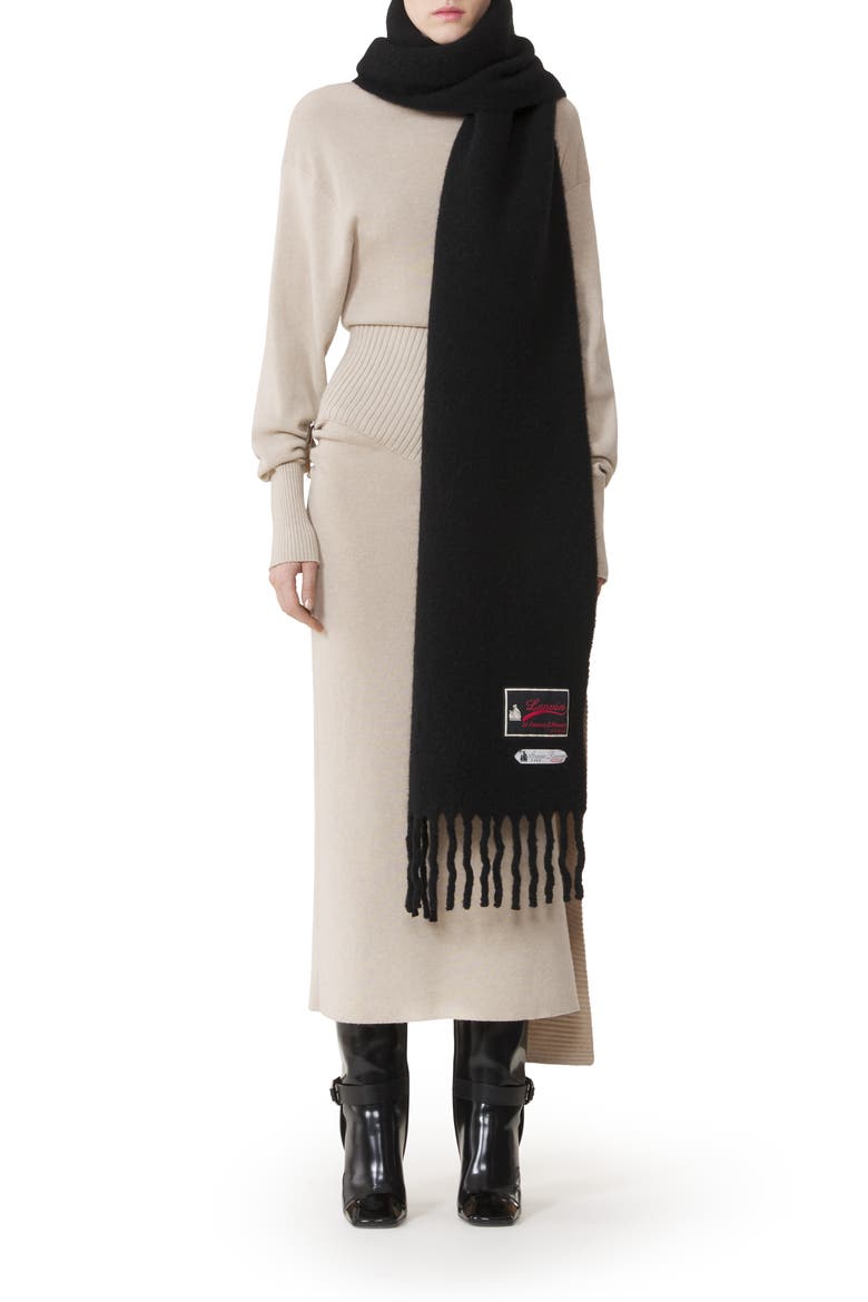 Fringed Wool Scarf With 22 Faubourg Label, Alternate, color, Black