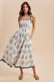 PinkBlush White Floral Smocked Shoulder Tie Maxi Dress