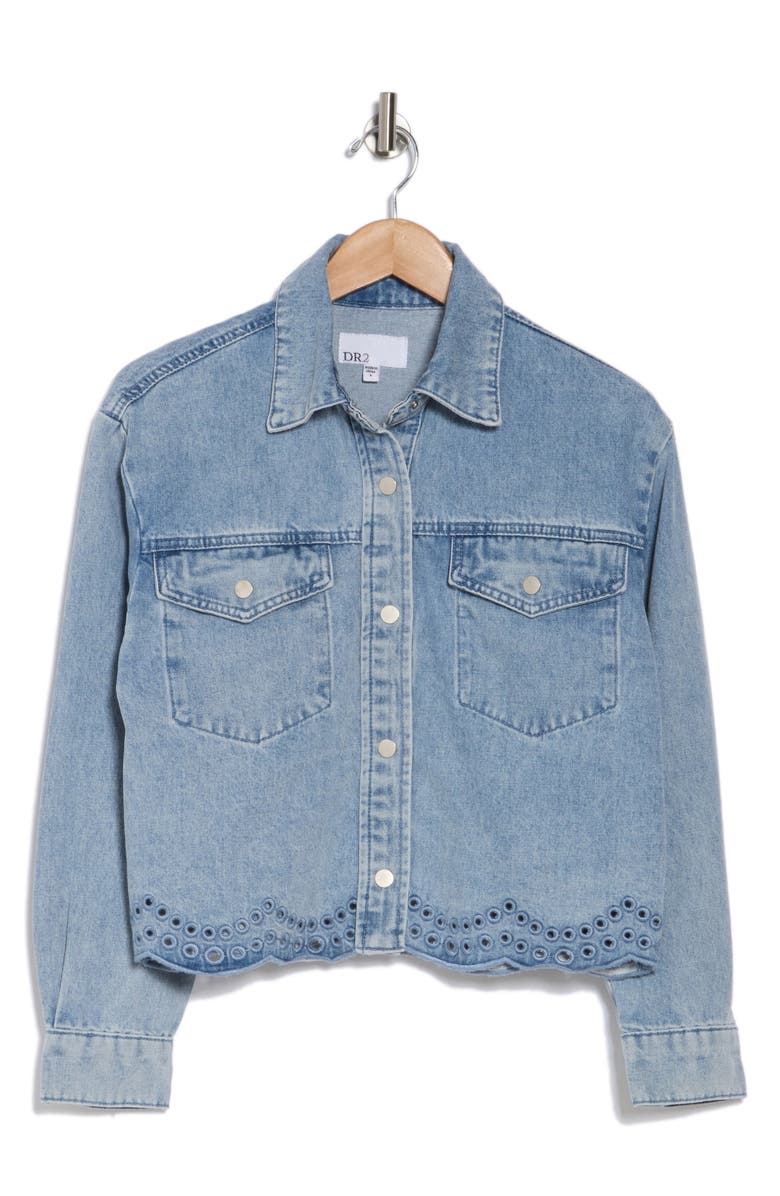 Daniel Rainn Embroidered Eyelet Scallop Crop Denim Jacket, Alternate, color, Medium Blue Wash