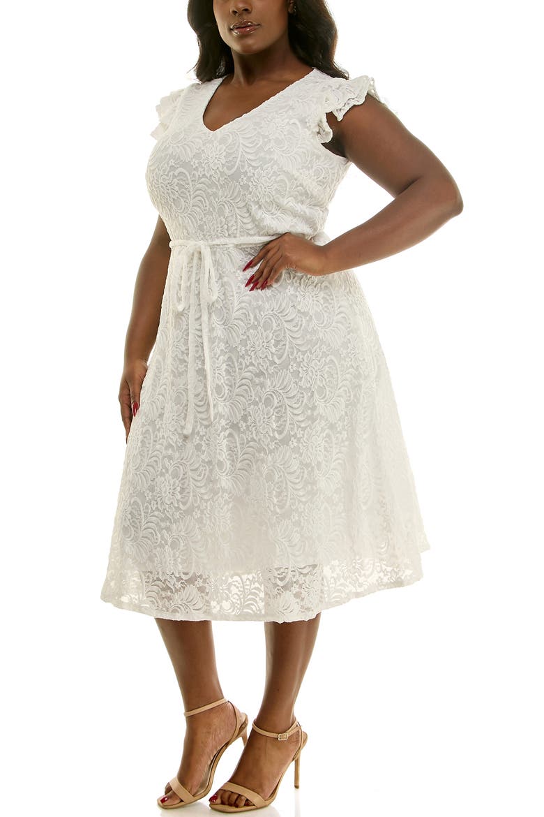 Lace Fit & Flare Dress, Alternate, color, WHITE