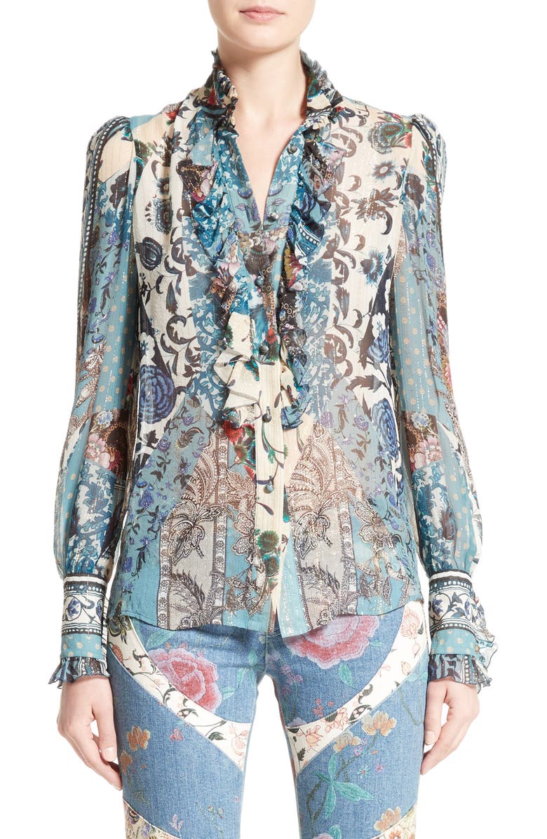 Roberto Cavalli Patchwork Print Silk Top, Main, color, 