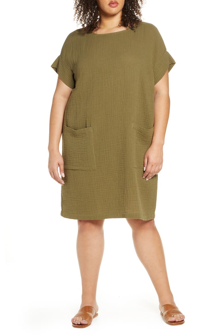 Ballet Neck Organic Cotton Shift Dress, Main, color, OLIVE
