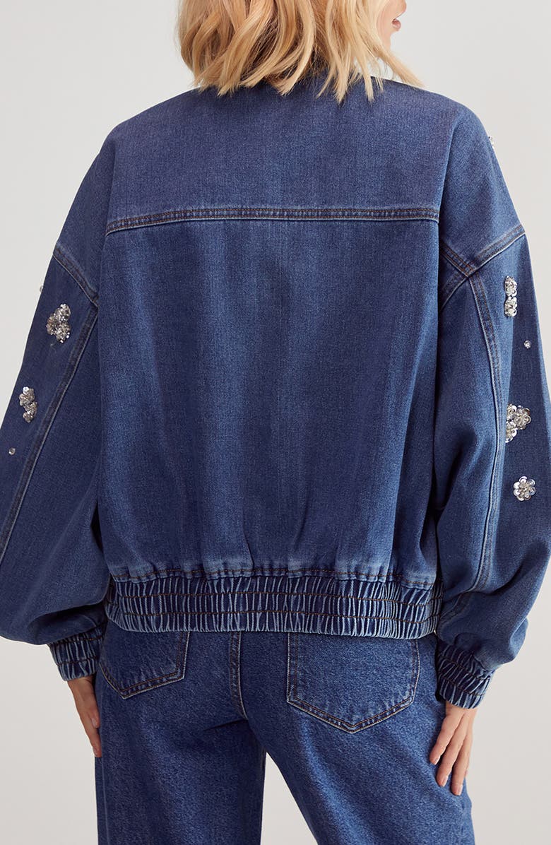 NASTY GAL Embellished Flower Appliqué Oversize Denim Bomber Jacket, Alternate, color, 