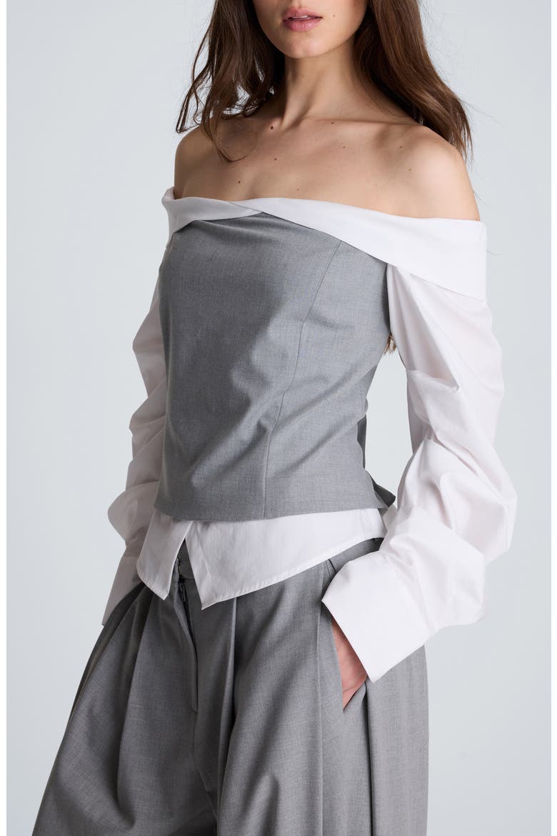 Pleated Sleeve Off the Shoulder Top, Alternate, color, LIGHT FOG HEATHER/ PURE WHITE