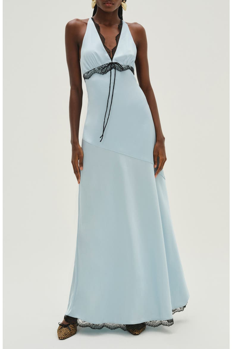 Mariella Lace Trim Satin Maxi Dress, Main, color, BLUE