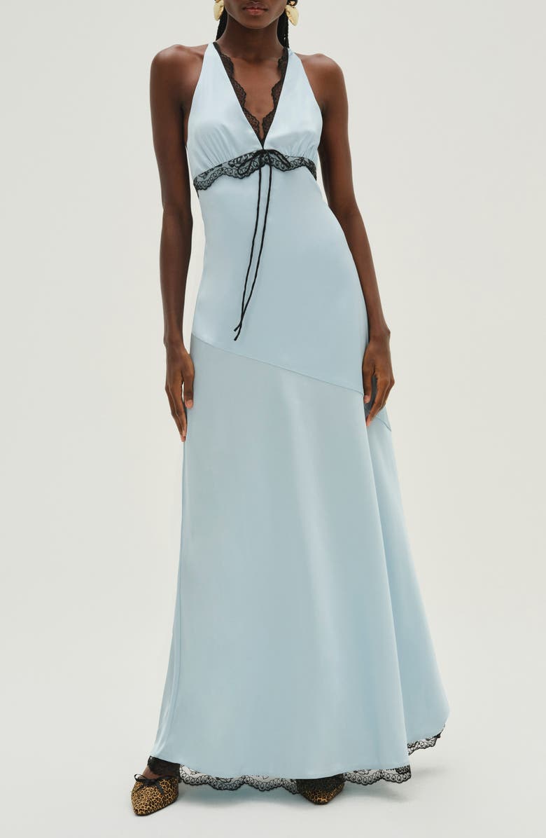 For Love & Lemons Mariella Lace Trim Satin Maxi Dress, Main, color,