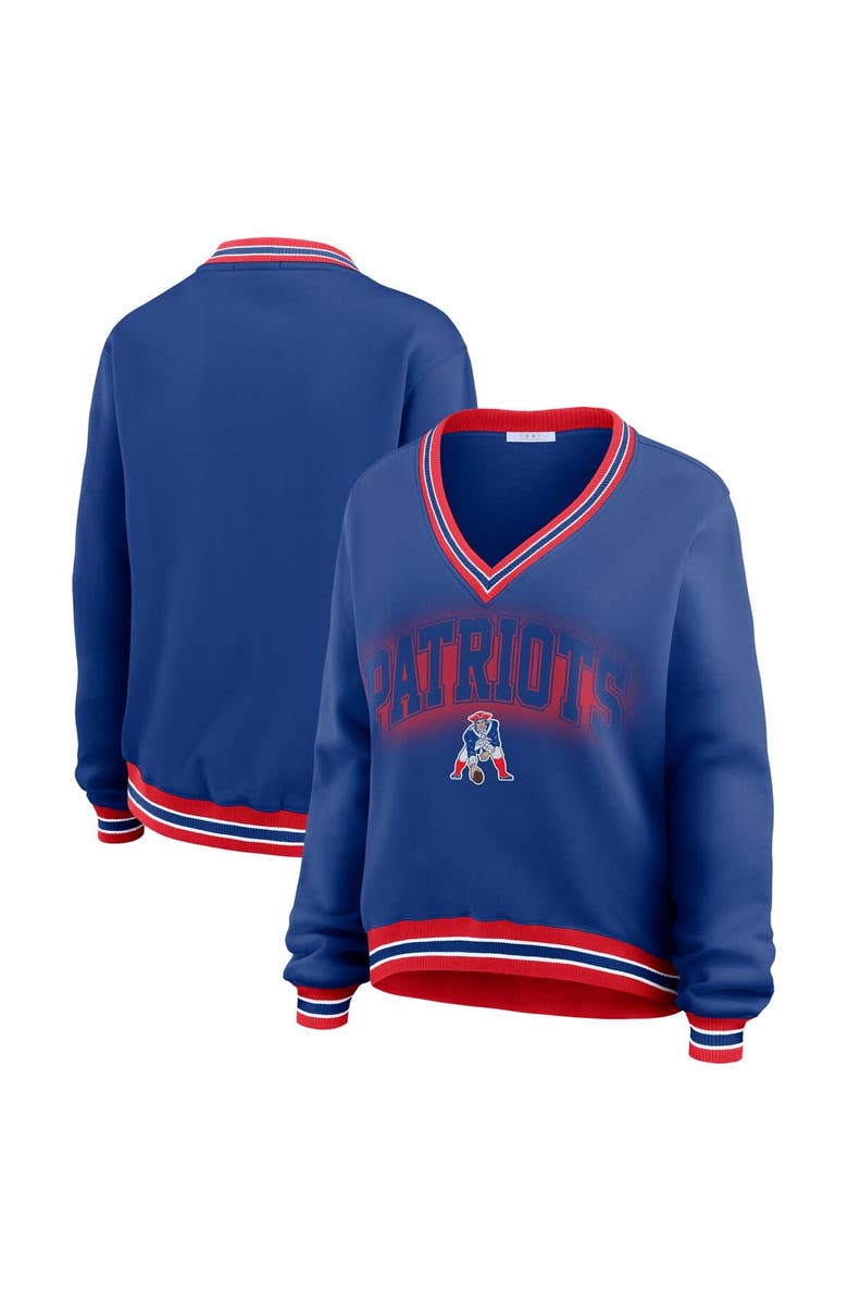 WEAR by Erin Andrews Women's WEAR by Erin Andrews Navy New England Patriots Oversized Long Sleeve V-Neck Sweatshirt, Main, color, Navy