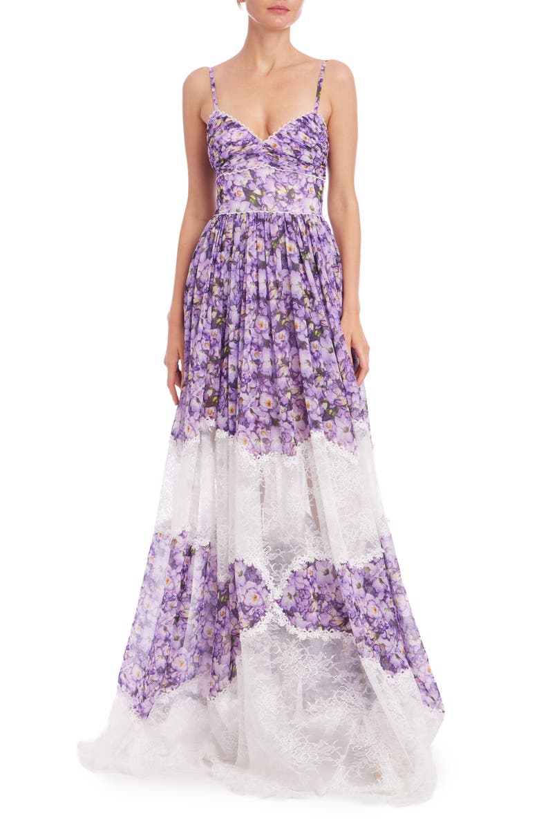 Badgley Mischka Collection Floral Print Chiffon & Lace Gown, Main, color, Lilac Multi