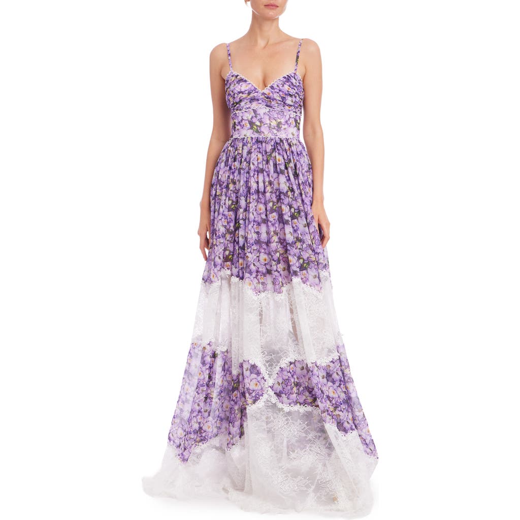 Badgley Mischka Tiered Lace-inset Maxi Dress In Lilac Multi
