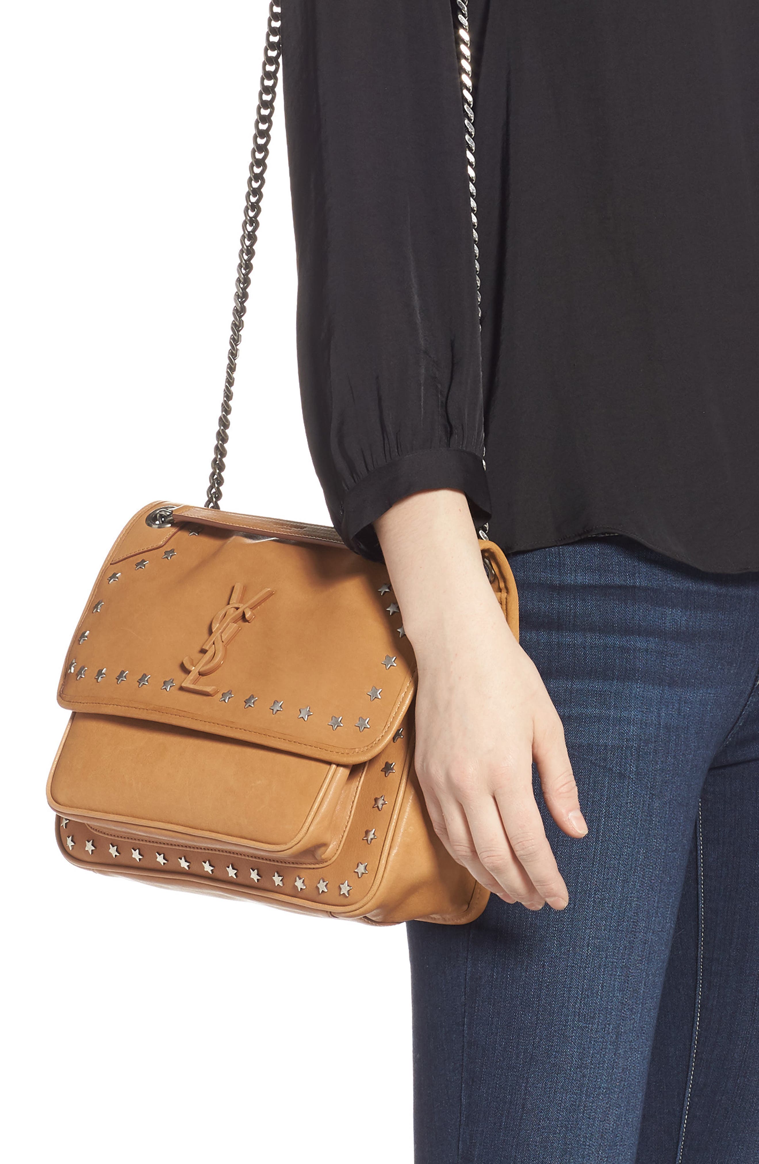 Saint Laurent Medium Niki Star Studded Leather Shoulder Bag, Alternate, color, 
