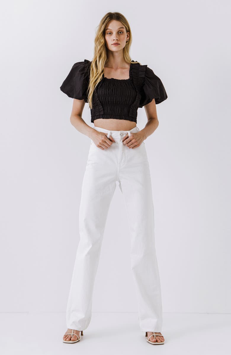 English Factory Shirred Bodice Puff Sleeve Cotton Crop Top, Alternate, color, 