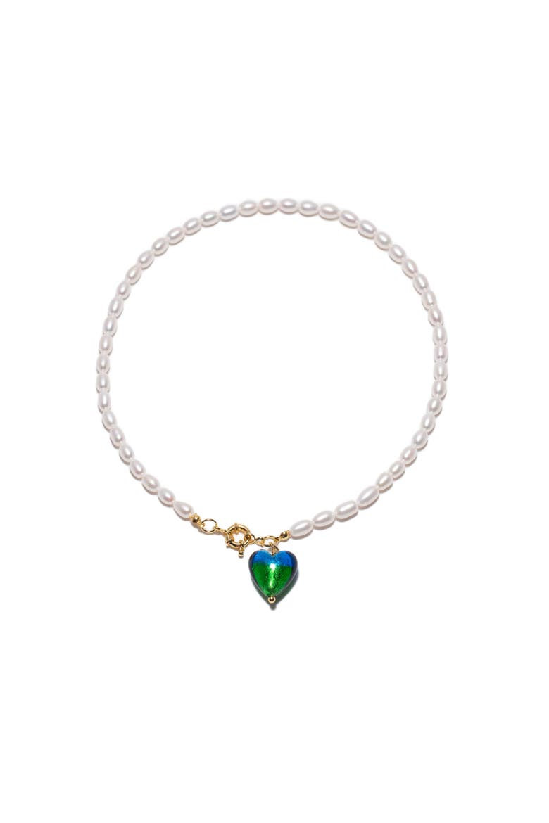Esmée Peacock Green Murano Heart Pendant Pearl Necklace, Main, color, Peacock