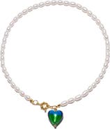 Classicharms Esmée Peacock Green Murano Heart Pendant Pearl Necklace