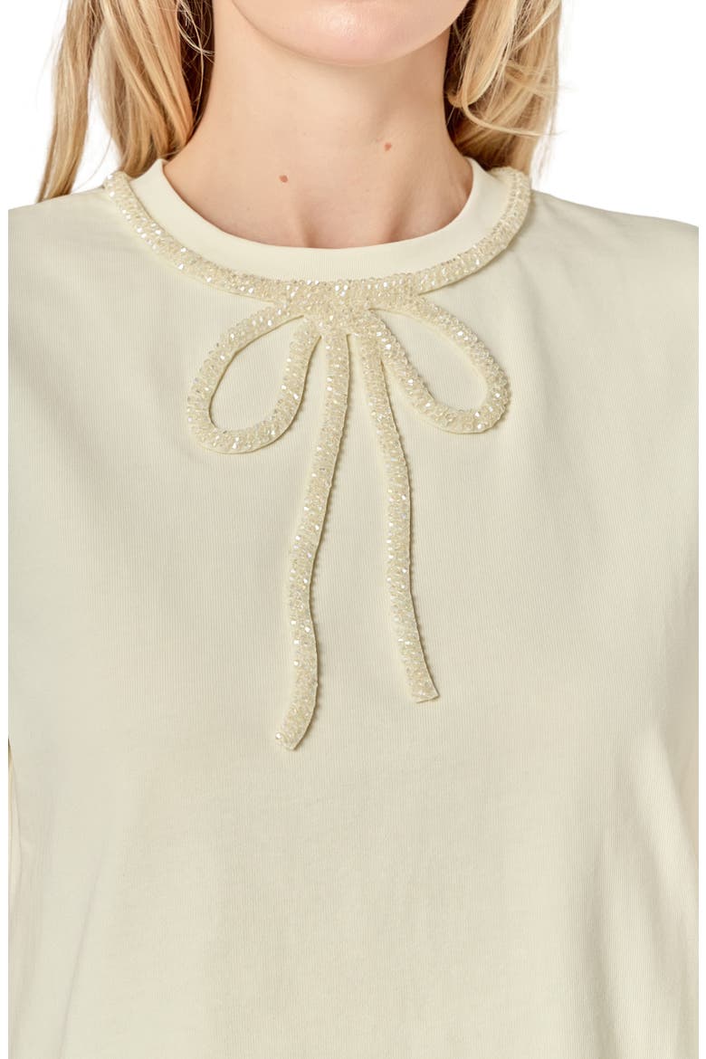 Beaded Bow Cotton T-Shirt, Alternate, color, CREAM
