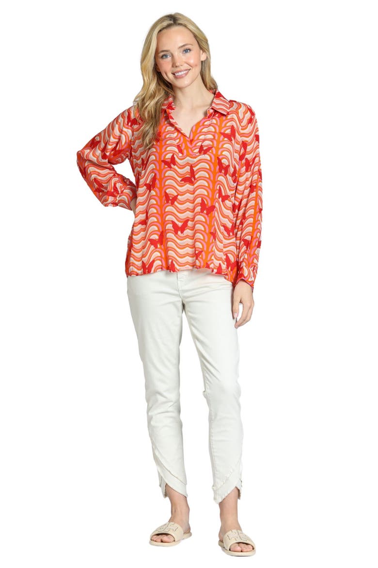 Butterfly Print Johnny Collar Top, Alternate, color, BRIGHT ORANGE MULTI