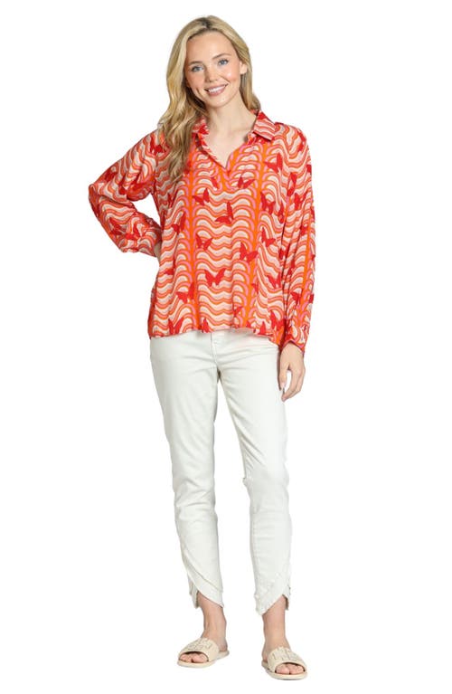 Apny Butterfly Print Johnny Collar Top In Orange