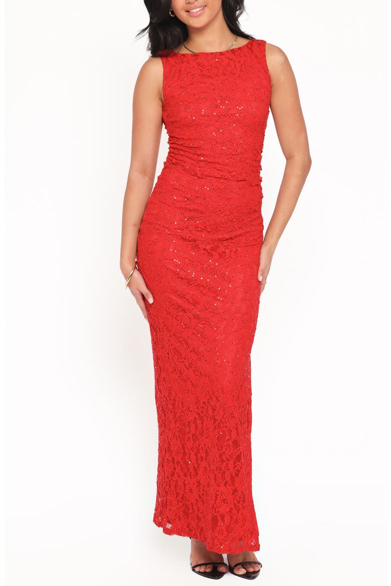 Ruben Sequin Lace Ruched Maxi Dress, Main, color, RED