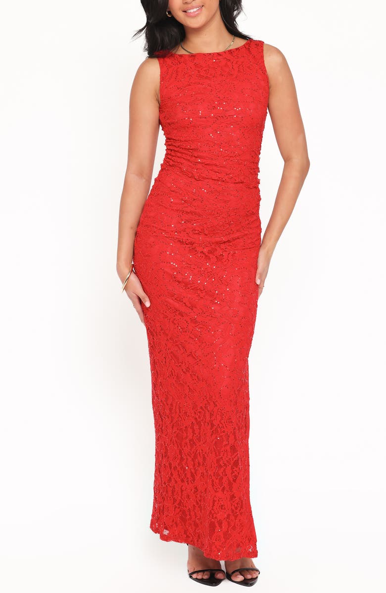 Petal & Pup Ruben Sequin Lace Ruched Maxi Dress, Main, color, Red