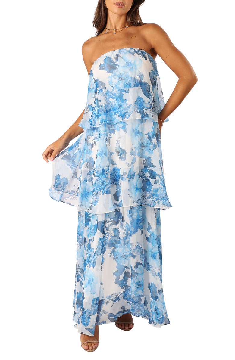 Petal & Pup Bloom Tiered Strapless Dress, Main, color, Blue White Floral