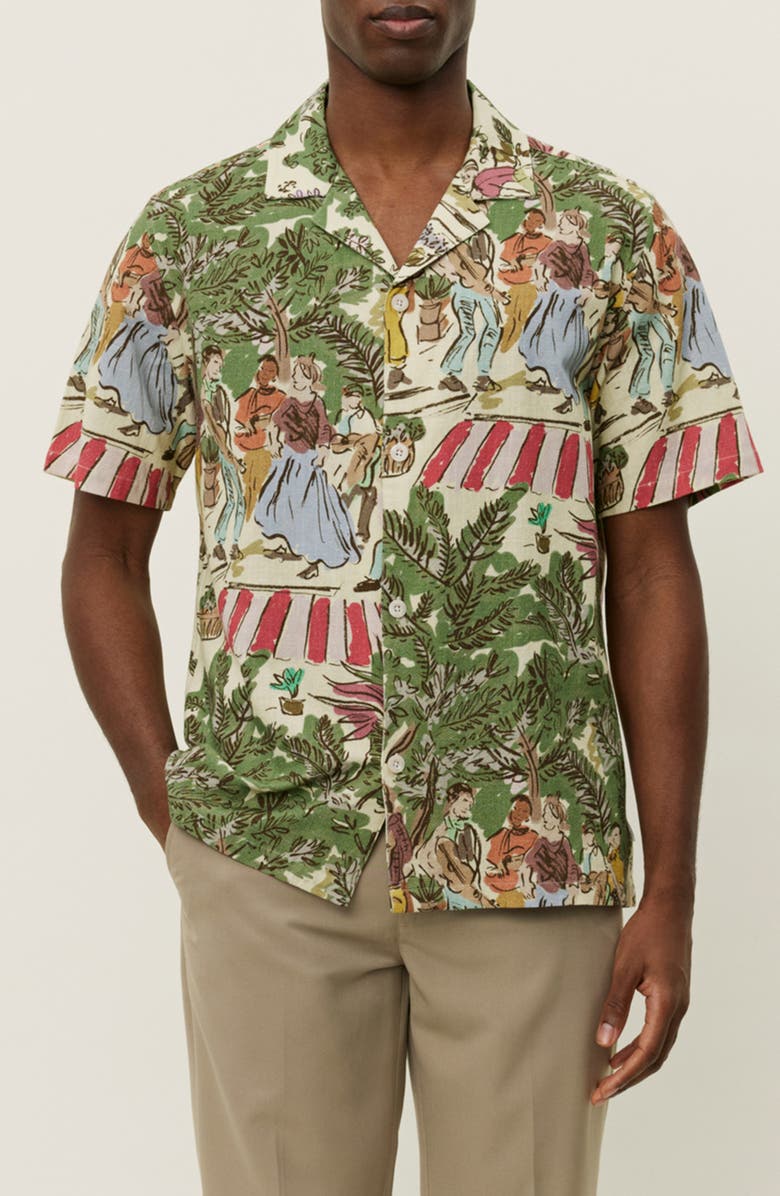 Les Deux Lukas Dancing Print Cotton Camp Shirt, Main, color, Oil Green