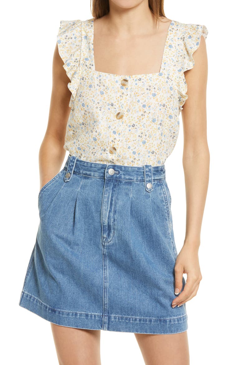 Women's Folkmagic Floral Ruffle Strap Linen Blend Button-Up Tank, Main, color, COOL FOG