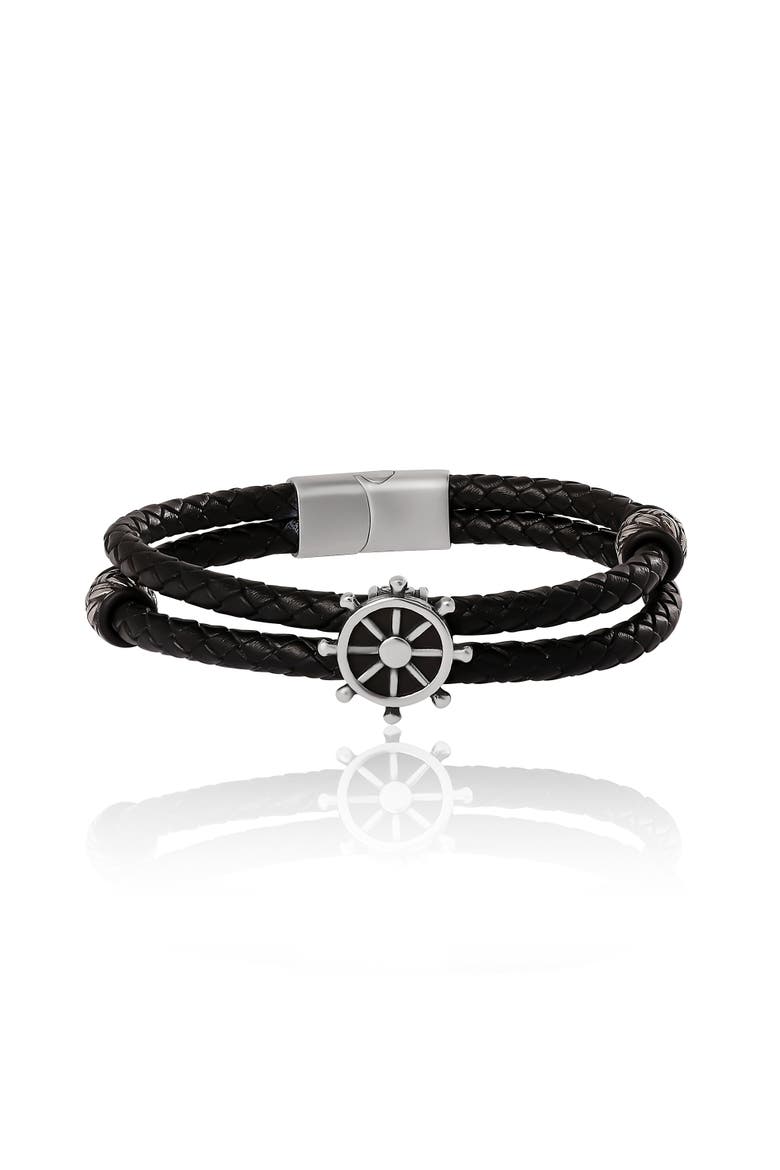 Nautical Wheel Black Braided Bracelet, Main, color, Black
