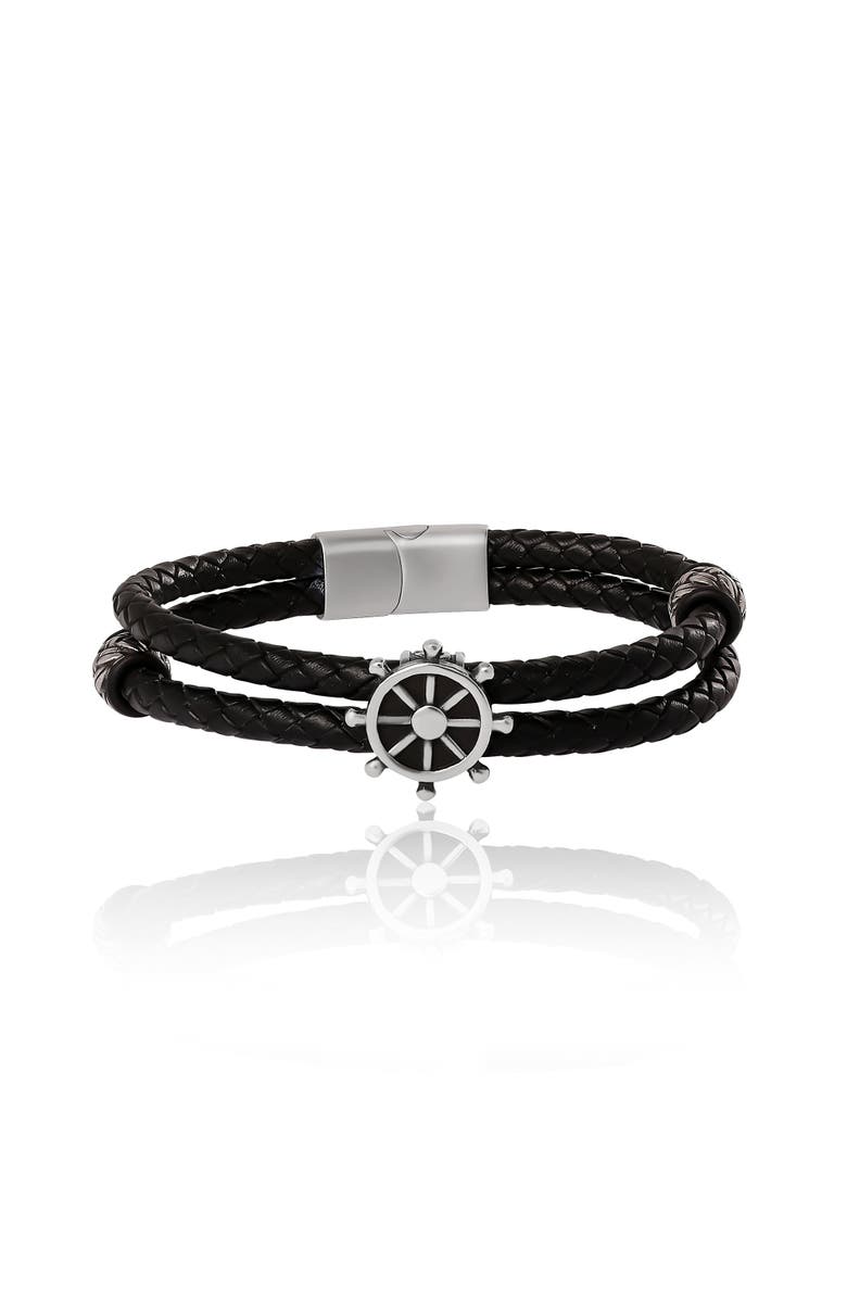 Lucky Brand Nautical Wheel Black Braided Leather Bracelet, Main, color, Black