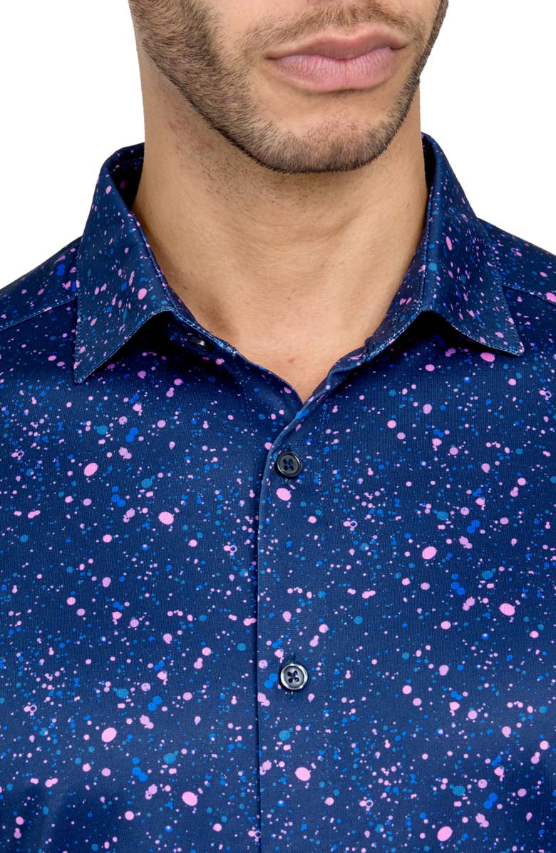 CONSTRUCT Regular Fit Paint Splatter Print Recycled Performance Golf Button-Down Shirt, Alternate, color, Navy