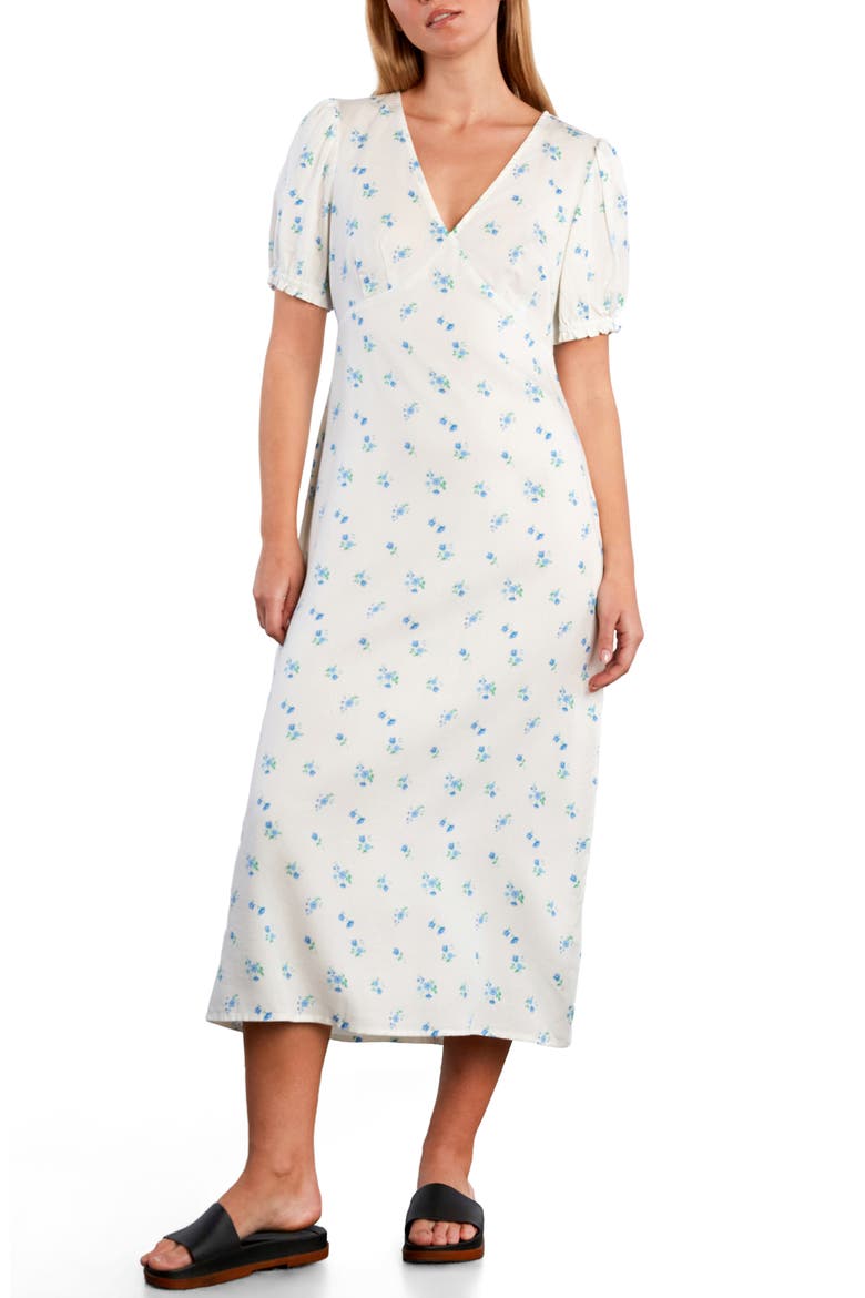 Sunbeam Print Puff Sleeve Midi Dress, Alternate, color, PRESSED PETALS