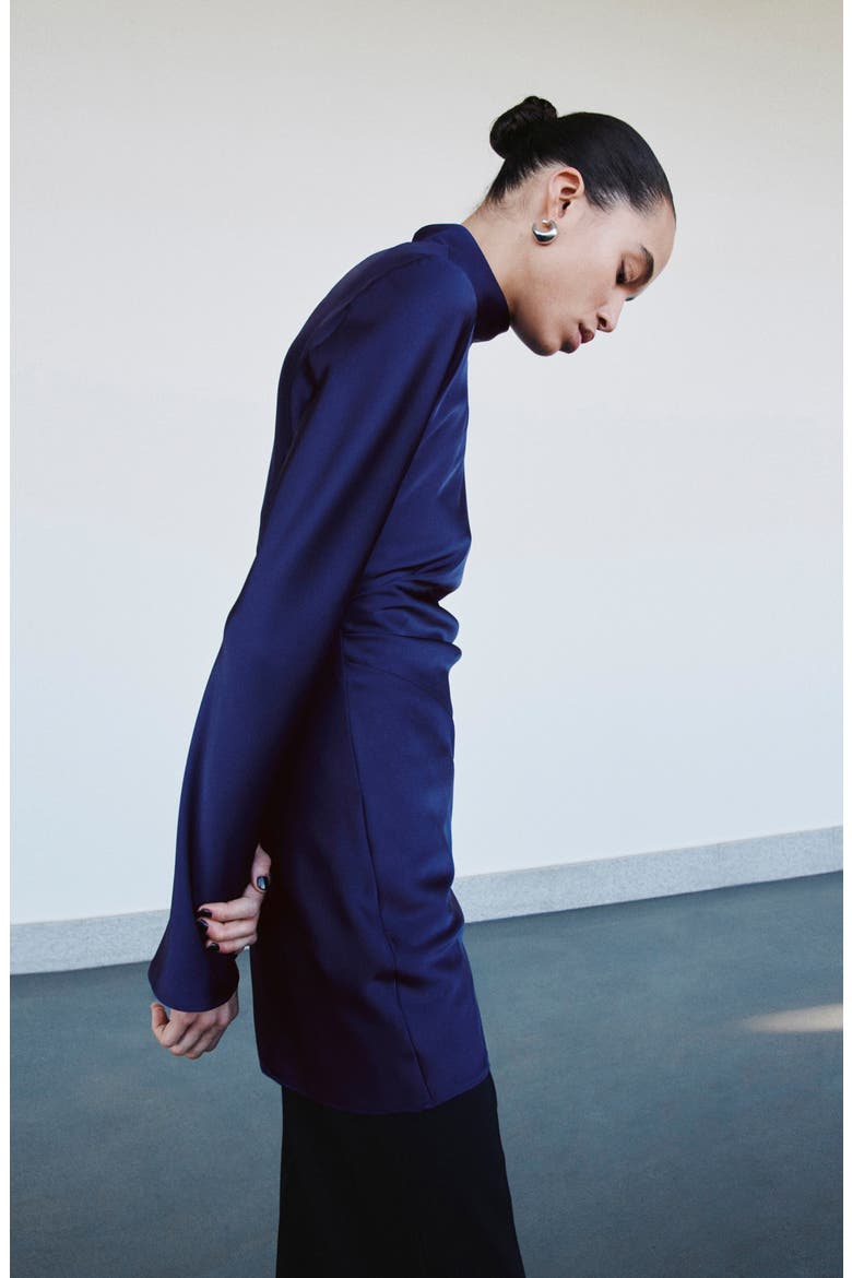 Pleated Long Sleeve Satin Dress, Alternate, color, INDIGO BLUE
