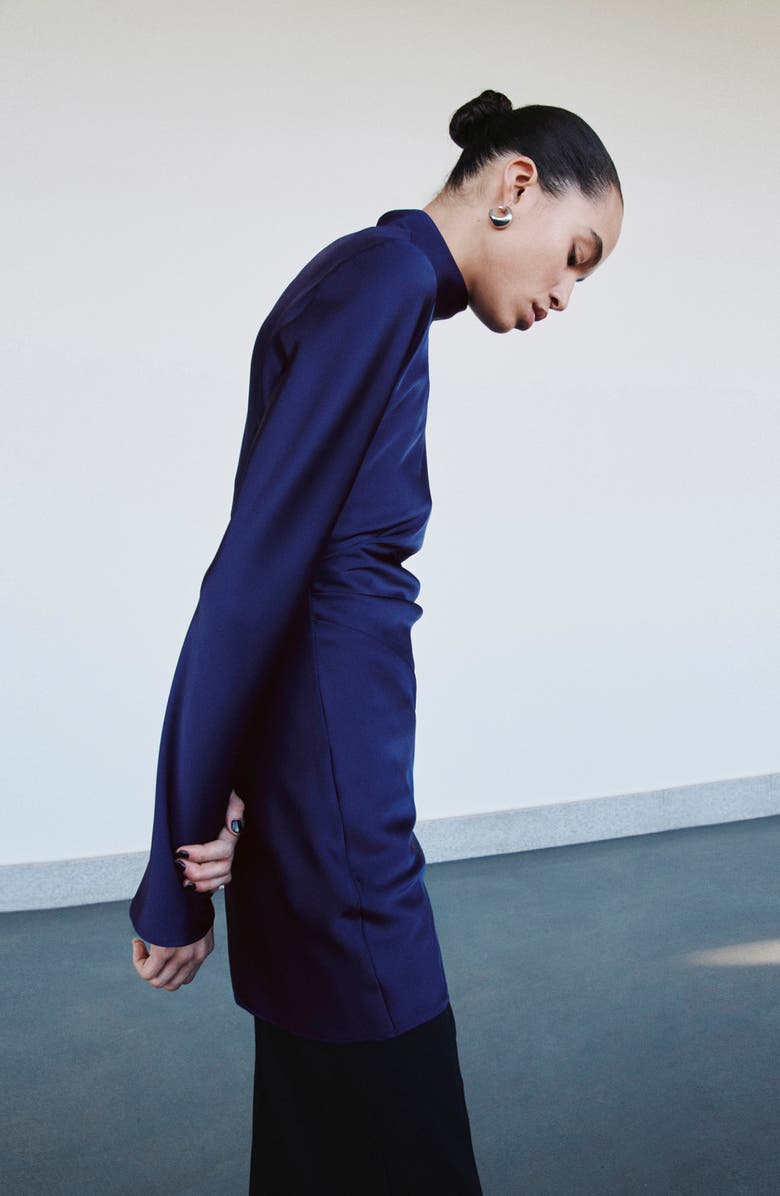 MANGO Pleated Long Sleeve Satin Dress, Alternate, color, Indigo Blue