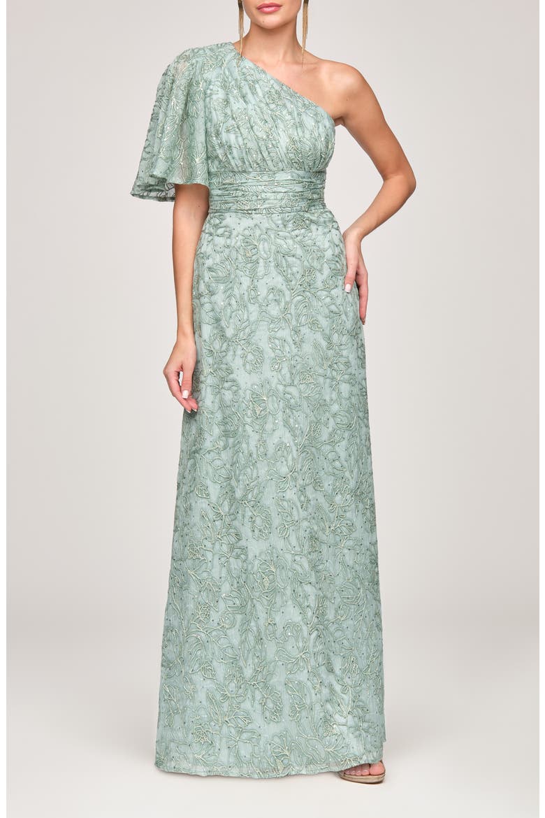 Flynn Embroidered Sequin A-Line Gown, Main, color, WARM SAGE