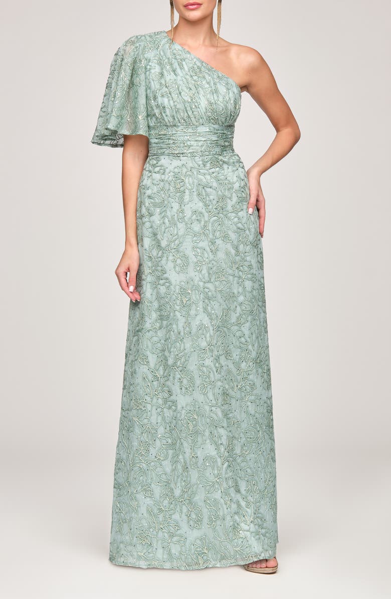 JS Collections Flynn Embroidered Sequin A-Line Gown, Main, color, Warm Sage