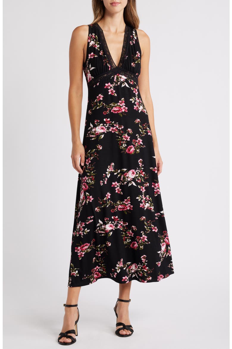 Lace Inset Sleeveless Dress, Main, color, BLACK ROSE