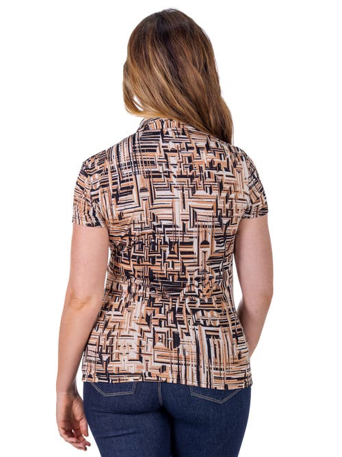 24seven Comfort Apparel Print Short Sleeve V Neck Wrap Top In Brown