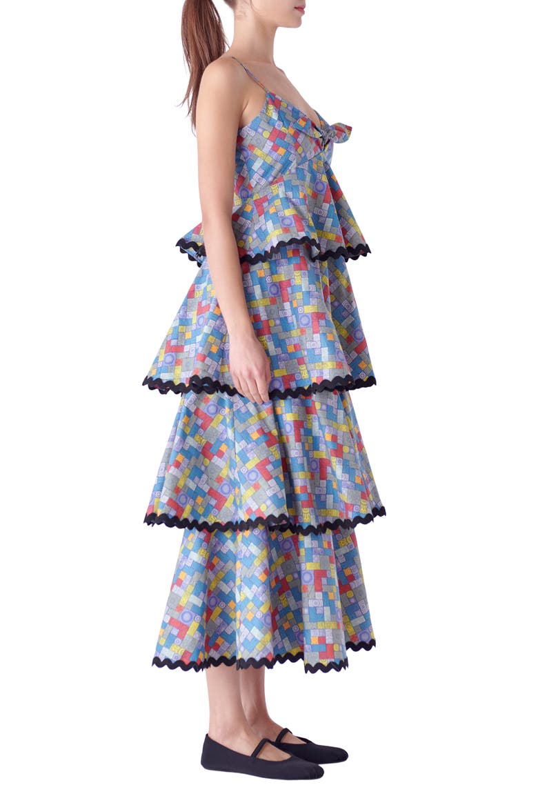 Grid Print Tiered Maxi Dress, Alternate, color, BLUE MULTI