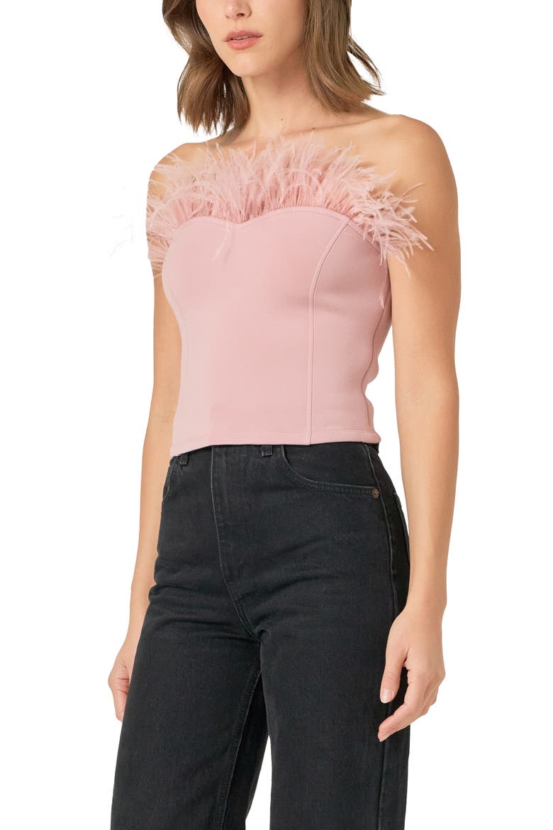 Feather Trim Strapless Top, Alternate, color, MAUVE