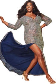 Sydney's Closet Fitted V-Neck Multi-Dimensional Sequin Long Sleeve Plus Size Gown