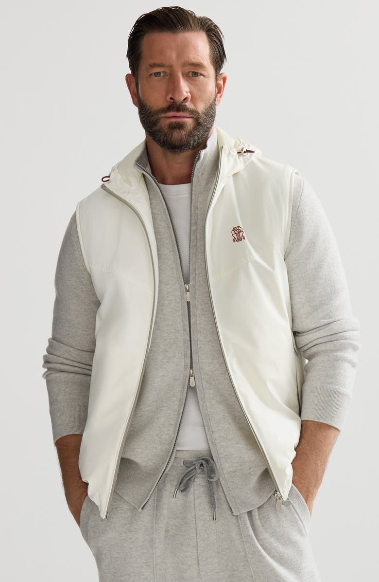 Brunello Cucinelli Bonded nylon hooded vest with Thermore<sup>®</sup> padding and logo, Alternate, color, Off-White