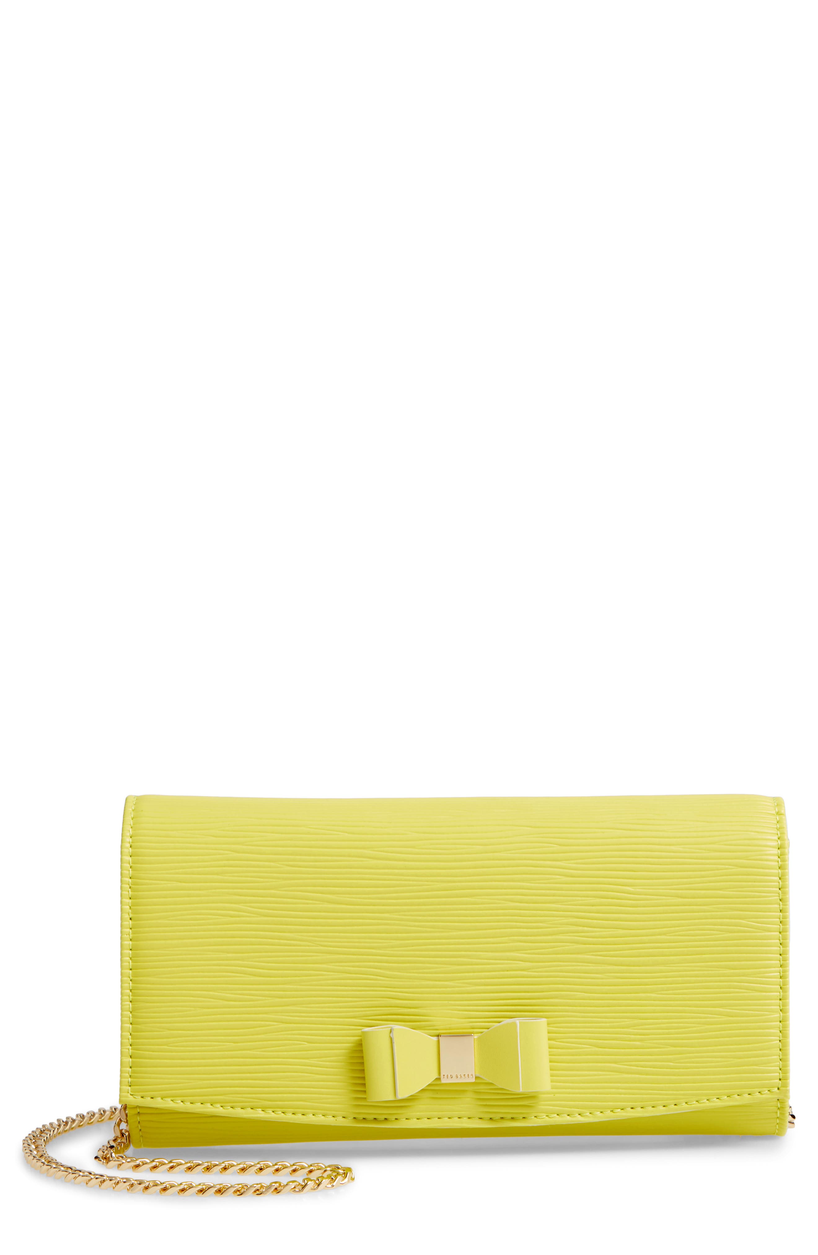 Zea Bow Matinee Leather Crossbody Clutch, Main, color, LIME
