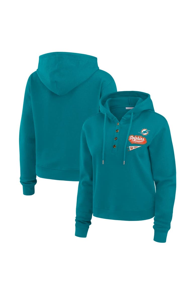 Women's WEAR by Erin Andrews Aqua Miami Dolphins Waffle-Knit Pullover Hoodie, Main, color, Aqua