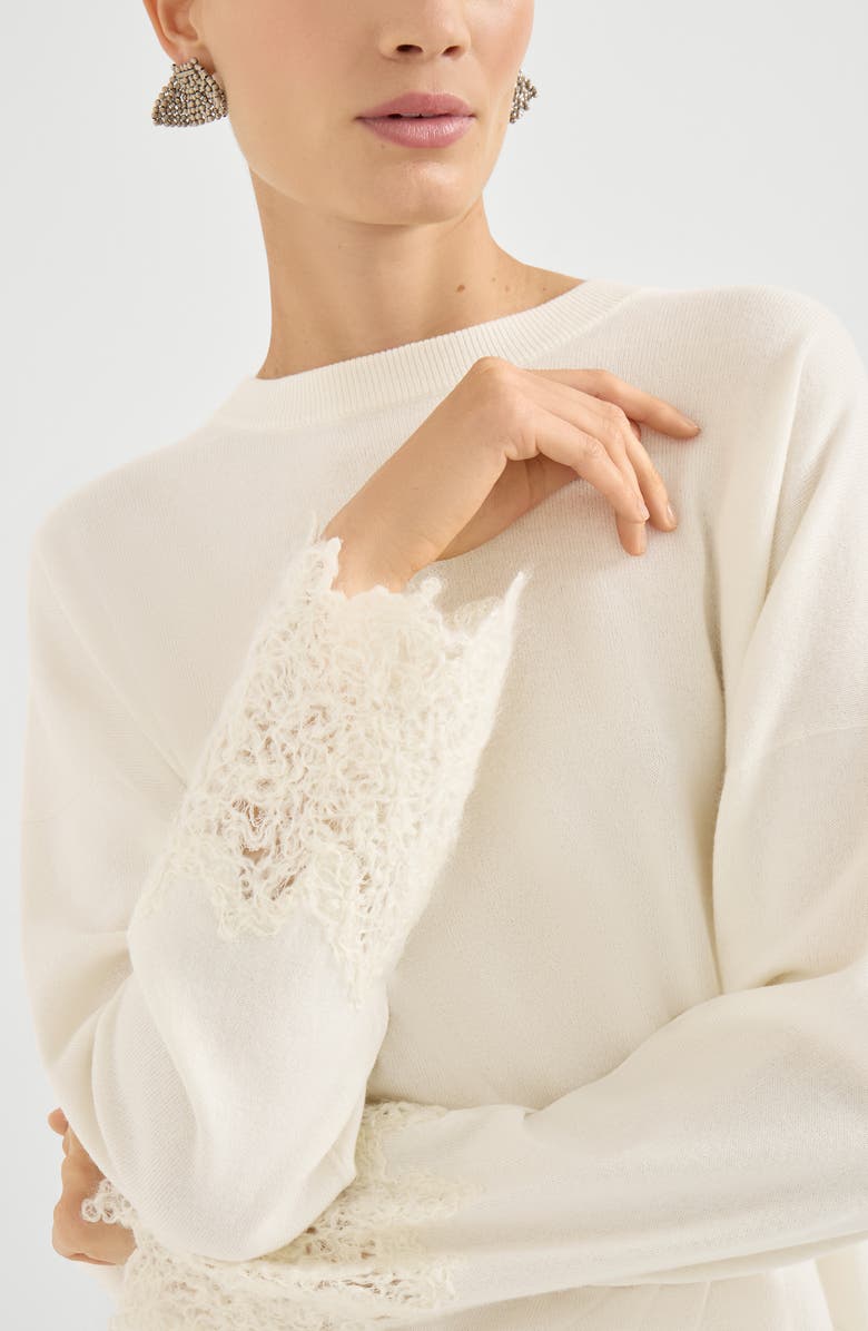 Brunello Cucinelli Sweater with wispy lace cuffs, Alternate, color, Panama